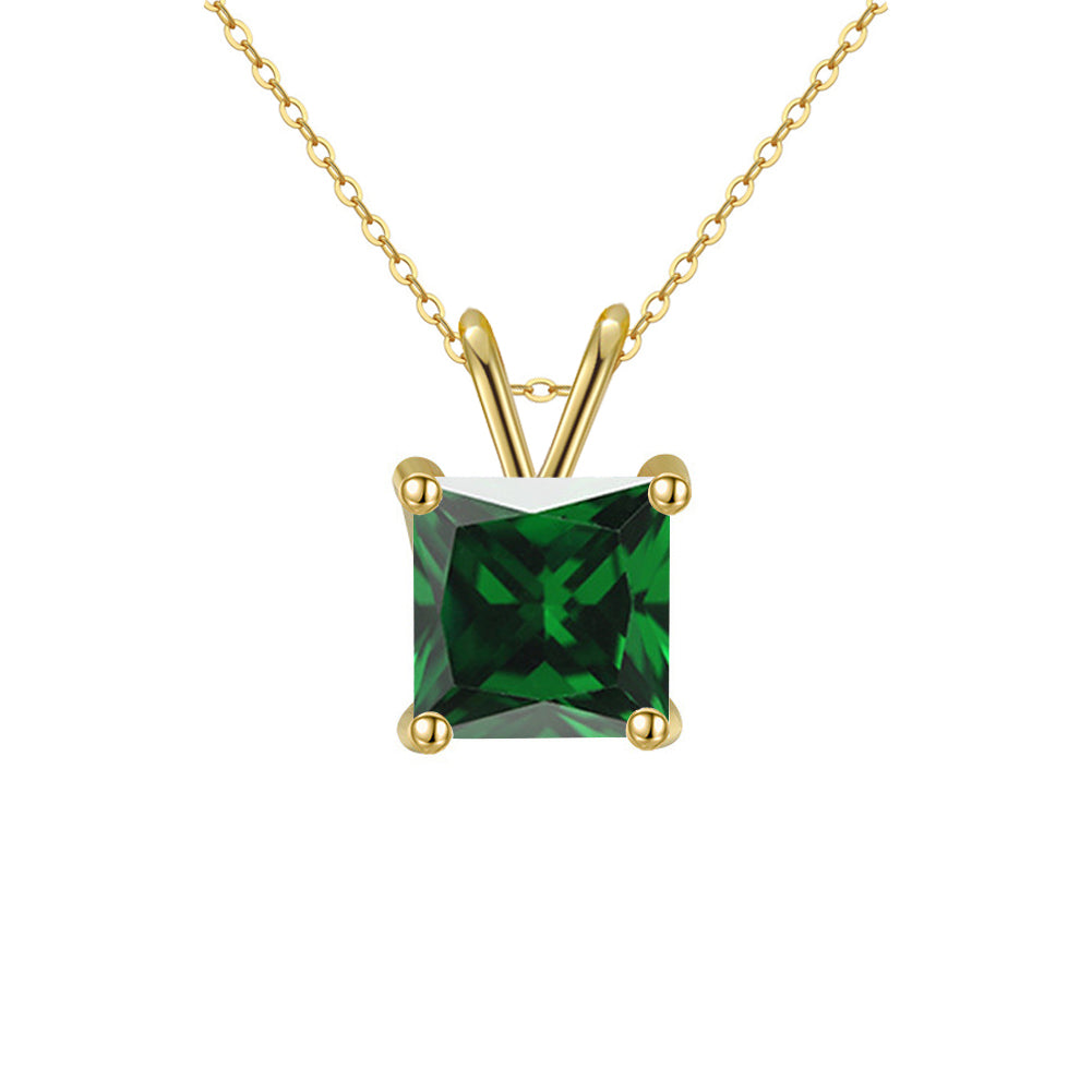 18K Yellow Gold 2 Carat Created Emerald Princess Stud Necklace Plated 18 inch