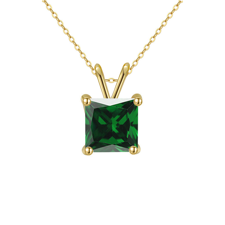 18K Yellow Gold Princess Emerald Created Sapphire 2CT CZ Necklace 18 inch Plated