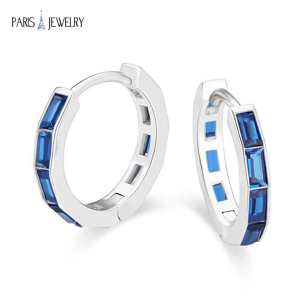 Paris Jewelry 18K White Gold Created Blue Sapphire 3Ct Emerald Cut Huggie Hoop Earrings Plated