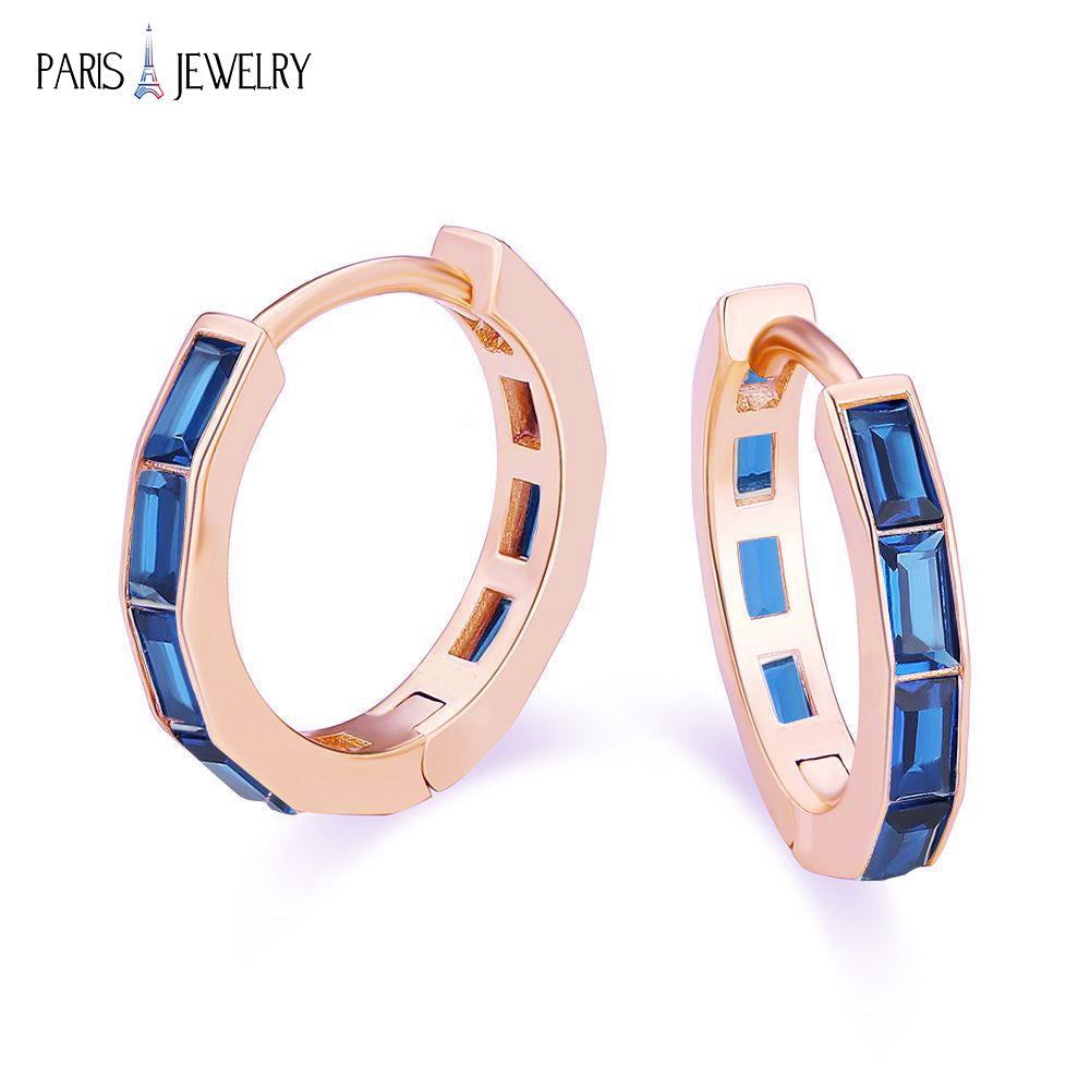 Paris Jewelry 18K Rose Gold Created Blue Sapphire 3Ct Emerald Cut Huggie Hoop Earrings Plated