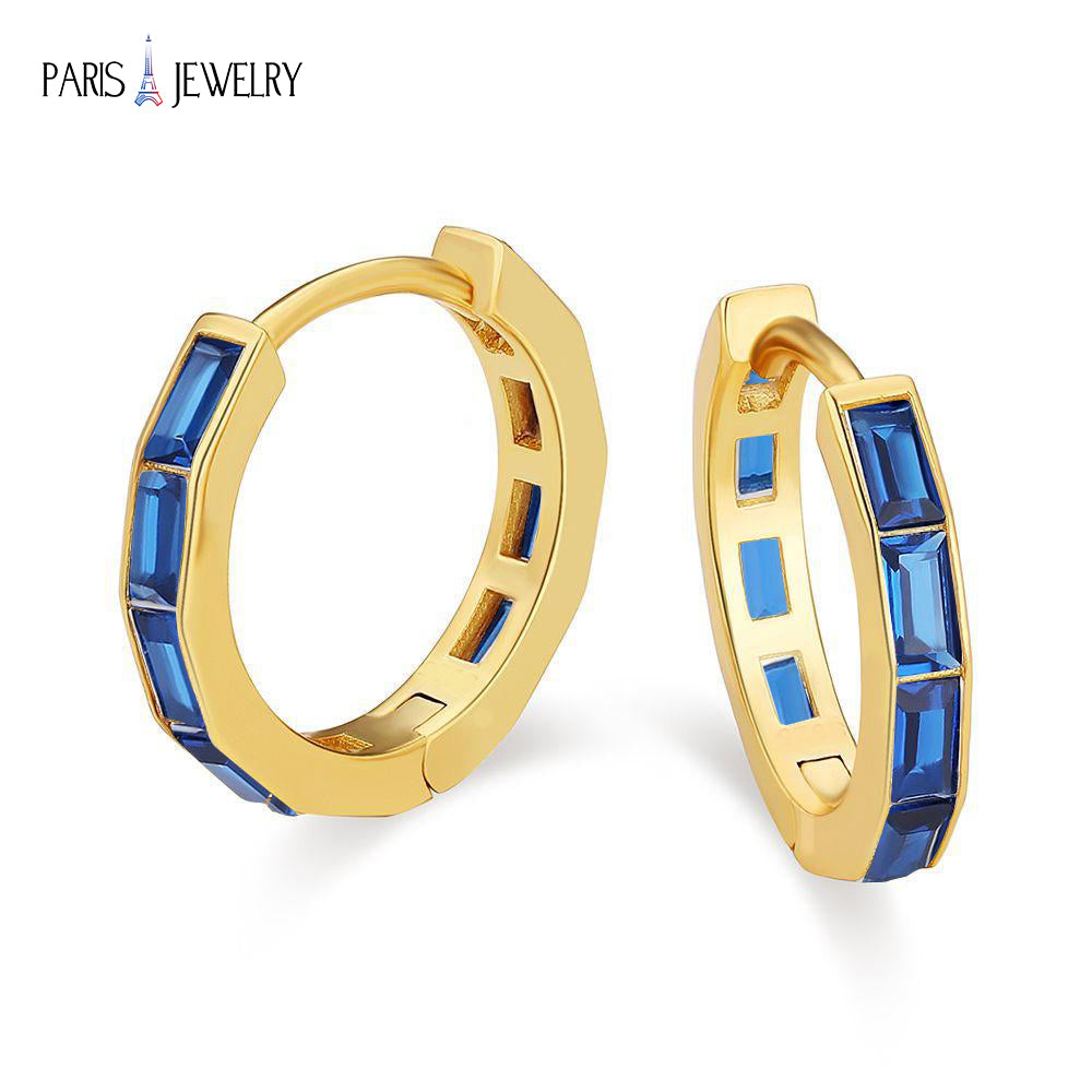 Paris Jewelry 18K Yellow Gold Created Blue Sapphire 3Ct Emerald Cut Huggie Hoop Earrings Plated