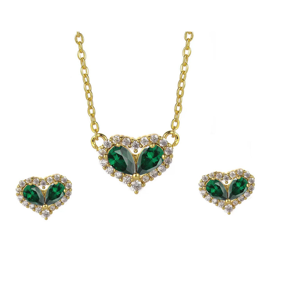 18K Yellow Gold Love Heart Created Emerald Necklace and Earrings Set Plated