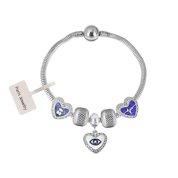 18K White Gold Heart Eye Charm Bracelet Set with Beads and Snake Chain Plated