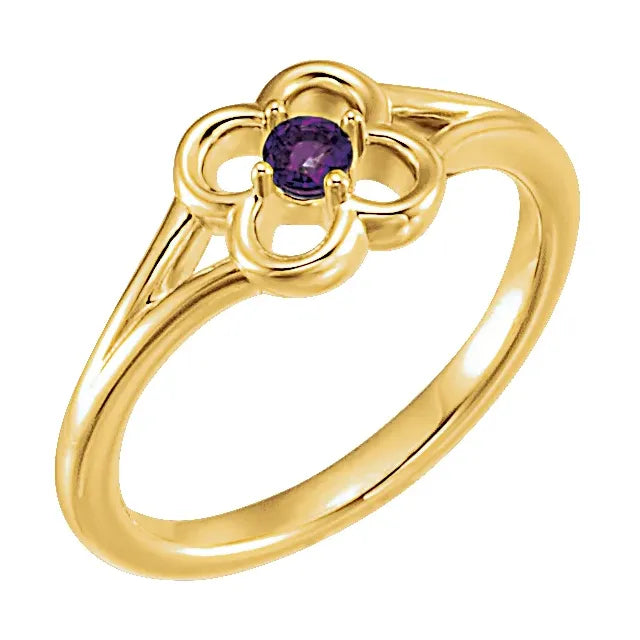 14K Yellow Gold Natural Amethyst Youth Flower Ring