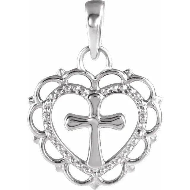 14K White Gold Youth Heart with Cross Pendant
