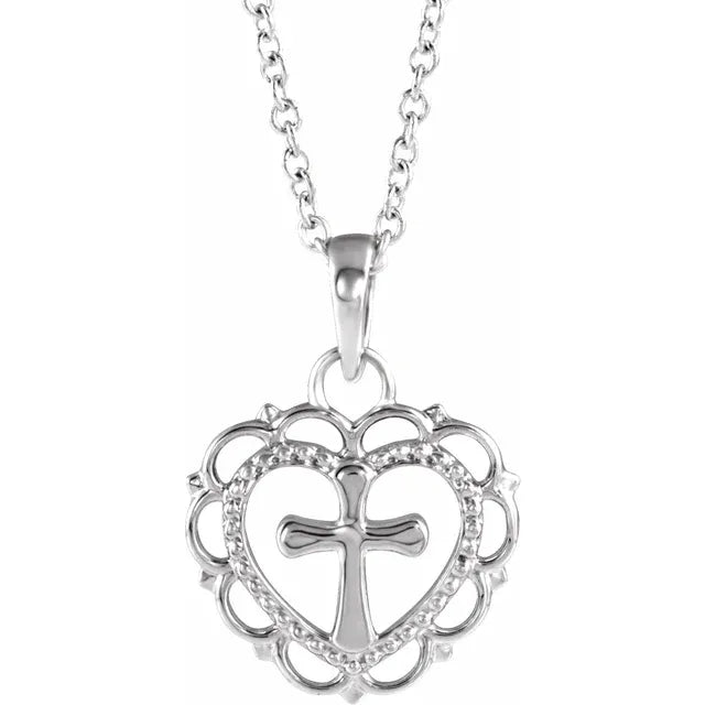 14K White Gold Youth Heart with Cross 16-18" Necklace