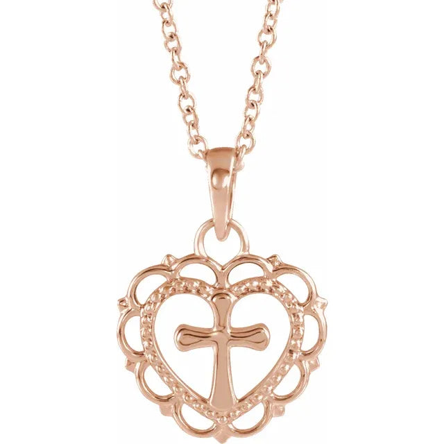 14K Rose Gold Youth Heart with Cross 16-18" Necklace