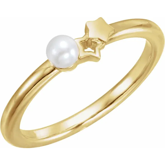 14K Yellow Gold Freshwater Cultured Pearl Youth Double Star Ring