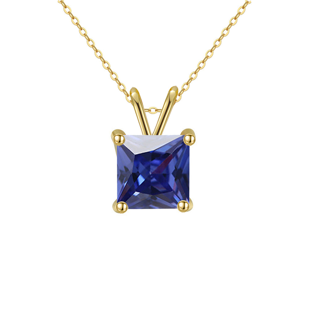 18K Yellow Gold 4 Carat Created Blue Sapphire Princess Stud Necklace Plated 18 inch