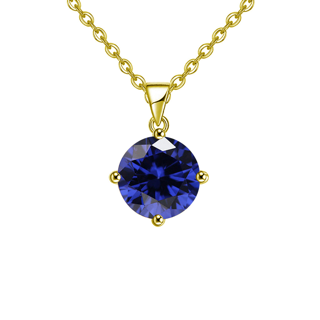 18K Yellow Gold 2 Carat Created Blue Sapphire Round Stud Necklace Plated 18 inch