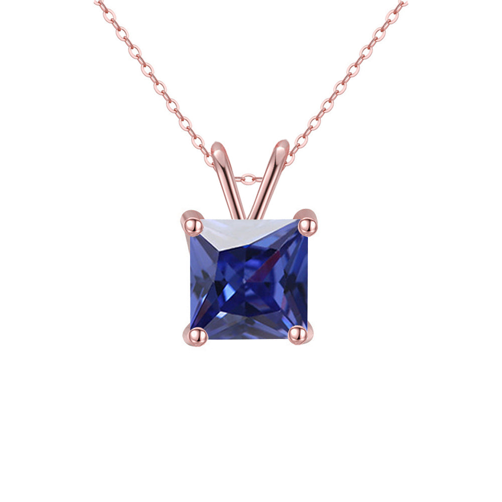 18K Rose Gold Princess Created Blue Sapphire 2CT CZ Necklace 18 inch Plated