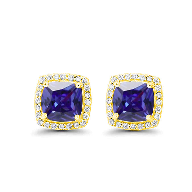 18k Yellow Gold Plated 1/4 Ct Created Halo Princess Cut Blue Sapphire Stud Earrings 4mm