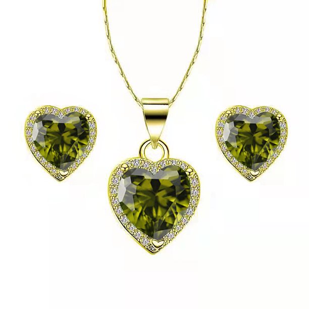 Paris Jewelry 10k Yellow Gold Heart 1Ct Created Peridot CZ Full Set Necklace 18 inch Plated