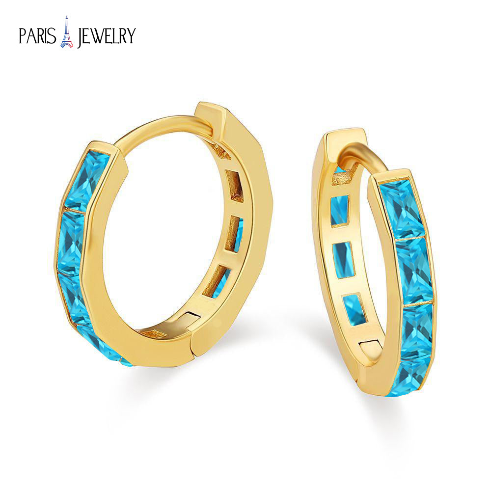 Paris Jewelry 18K Yellow Gold Created Blue Topaz 3Ct Emerald Cut Huggie Hoop Earrings Plated