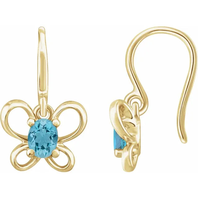 14K Yellow Gold Oval March Youth Butterfly Birthstone Earrings