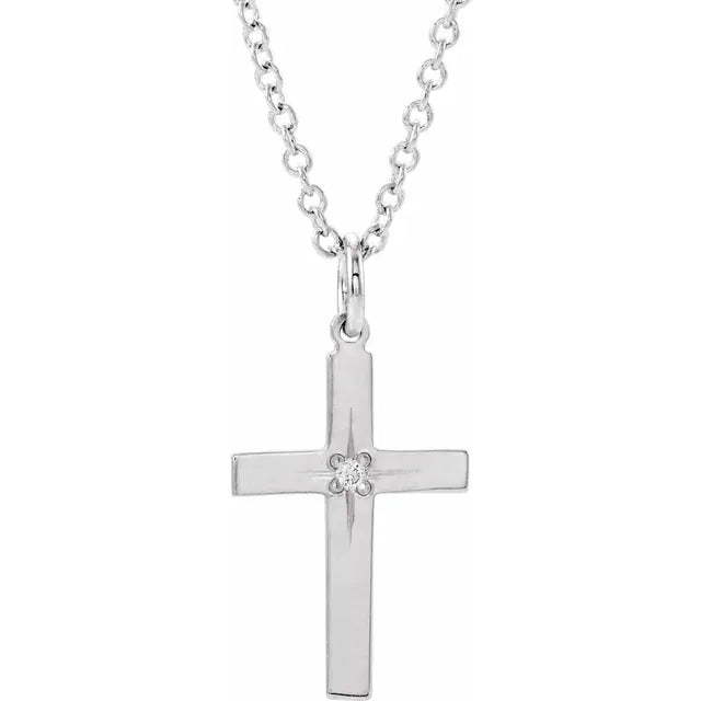 14K White Gold .0075 CT Natural Diamond Youth Cross 15" Necklace