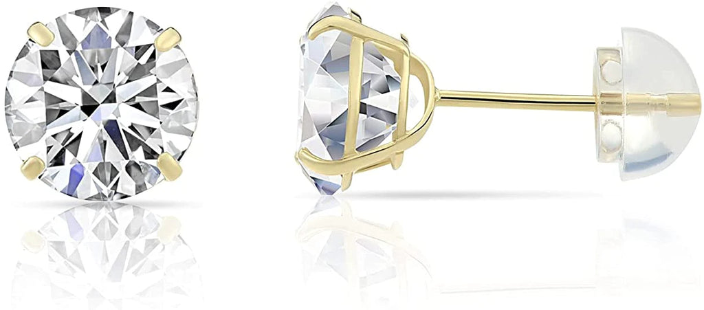 14k Yellow Gold Solitaire Round Cubic Zirconia Stud Earrings with Silicone Pushbacks