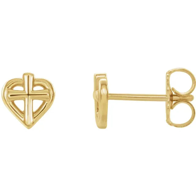 14K Yellow Gold Cross with Heart Youth Earrings