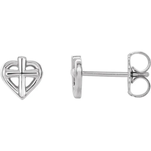14K White Gold Cross with Heart Youth Earrings