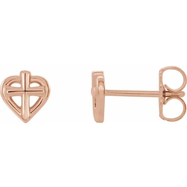 14K Rose Gold Cross with Heart Youth Earrings
