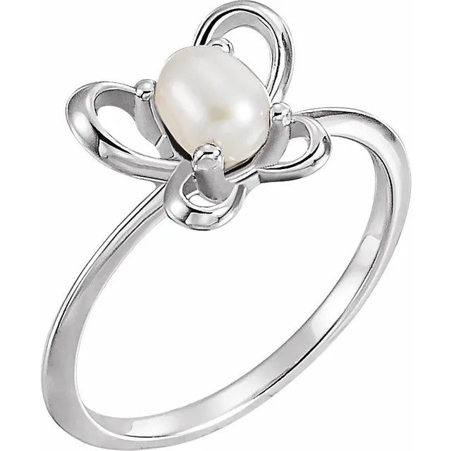 14K White Gold 4x3 mm Pearl June Youth Butterfly Birthstone Ring
