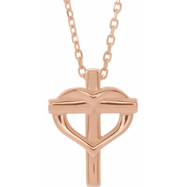 14K Rose Gold Youth Cross with Heart 15" Necklace