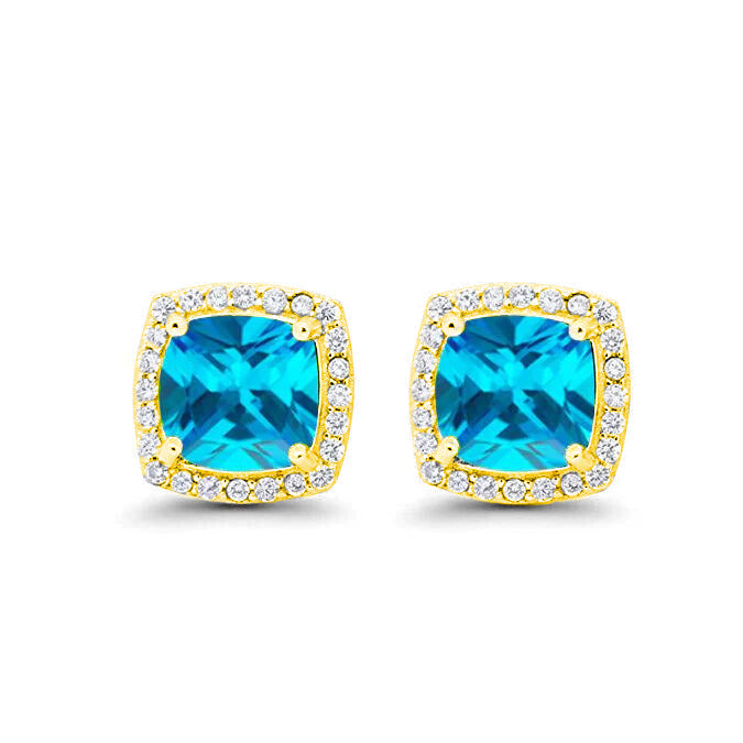 18k Yellow Gold Plated 1/4 Ct Created Halo Princess Cut Blue Topaz Stud Earrings 4mm