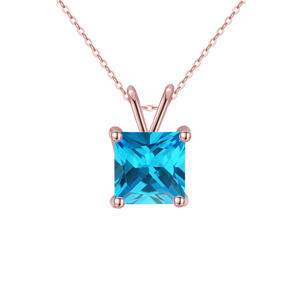 18K Rose Gold 2 Carat Created Blue Topaz Princess Stud Necklace Plated 18 inch