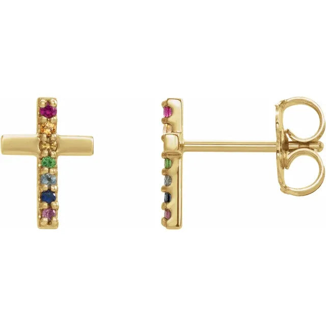 14K Yellow Gold Natural Multi-Gemstone Cross Earrings