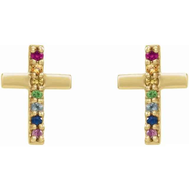 14K Yellow Gold Natural Multi-Gemstone Cross Earrings