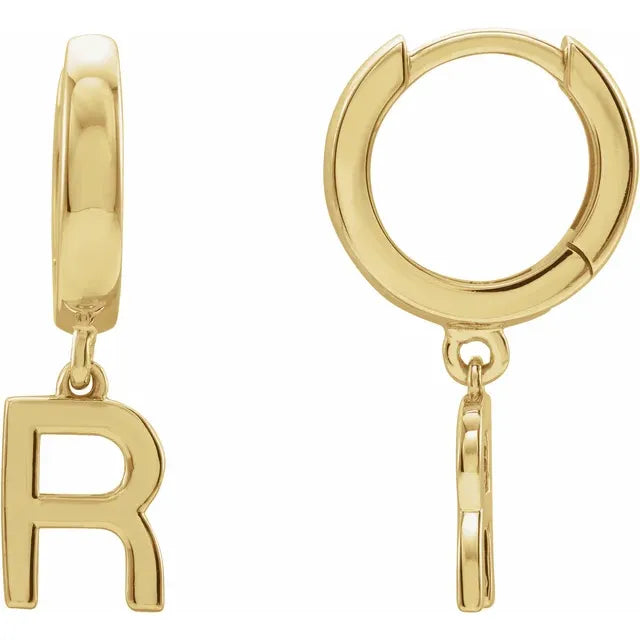 14K Yellow Gold Initial R Hinged Huggie Earring