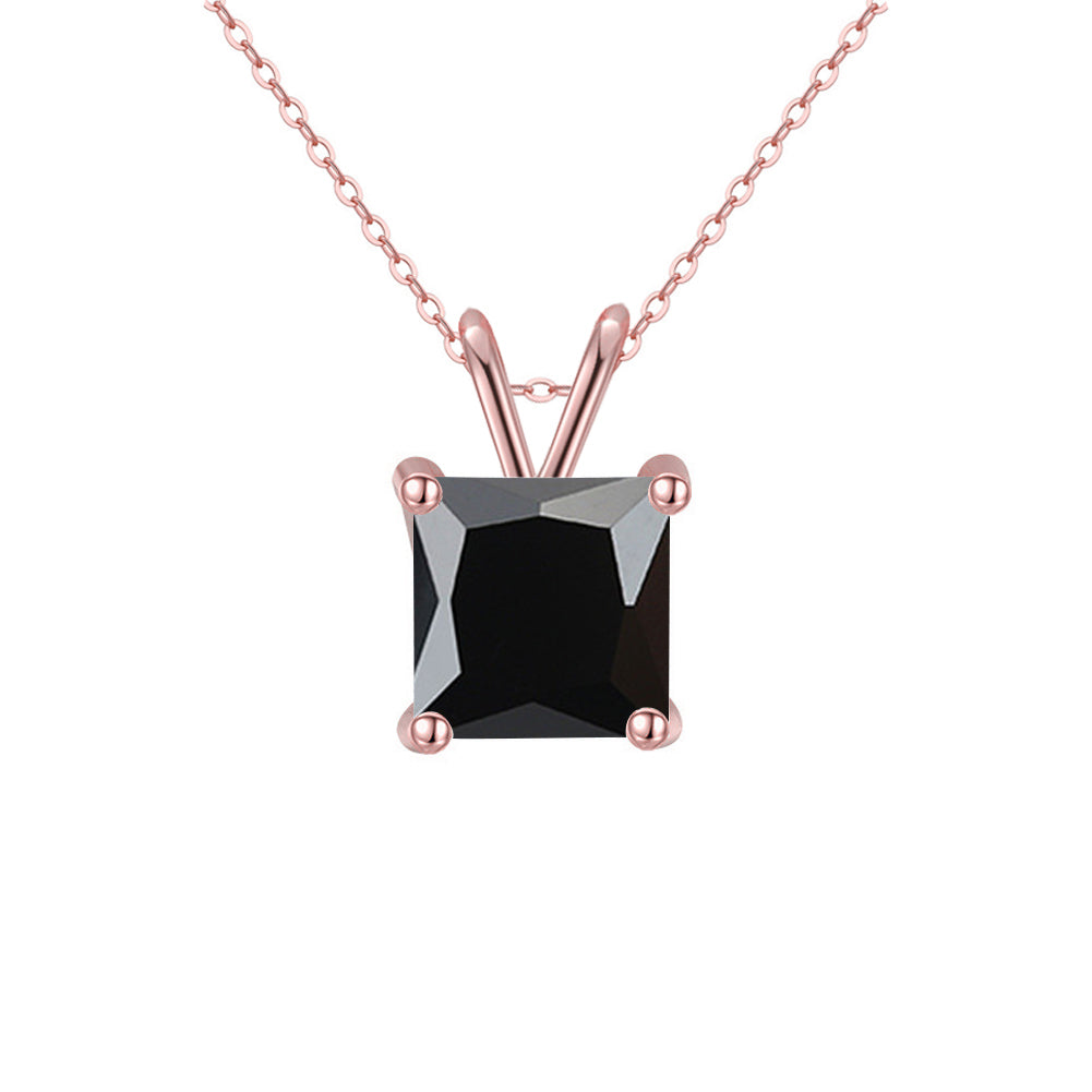 18K Rose Gold 2 Carat Created Black Sapphire Princess Stud Necklace Plated 18 inch