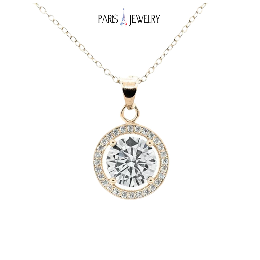 Paris Jewelry 18K Yellow Gold White Halo Round Pendant Necklace 1, 2, 3, and 4Ct with Paris Crystals Plated