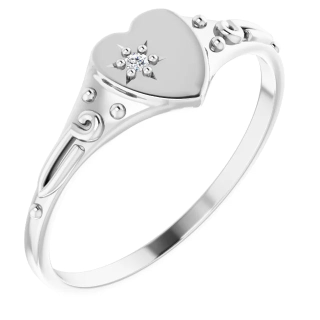 14K White Gold .01 CT Natural Diamond Youth Heart Ring