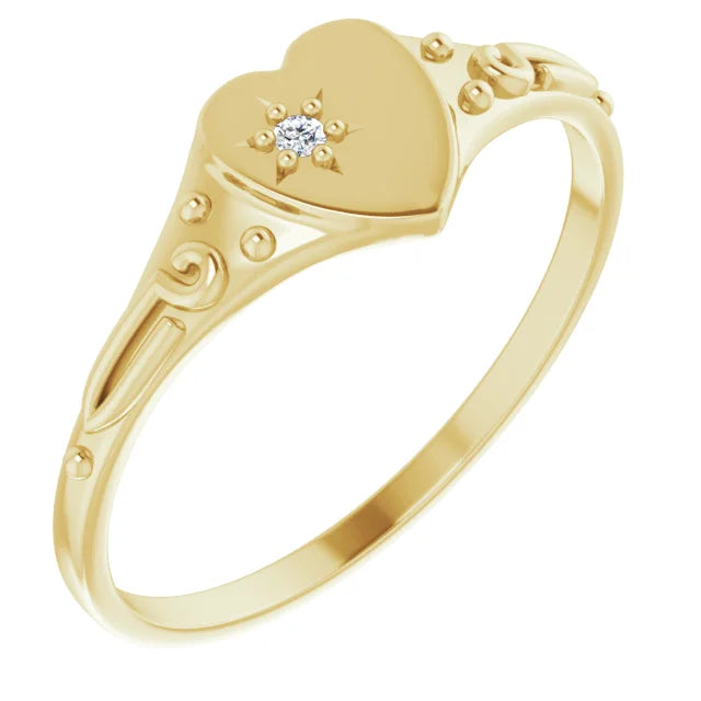 14K Yellow Gold .01 CT Natural Diamond Youth Heart Ring