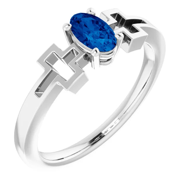 Sterling Silver Lab-Grown Blue Sapphire Youth Cross Ring