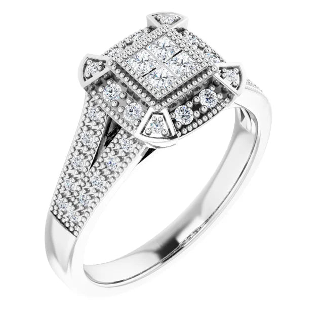 Sterling Silver Cubic Zirconia Halo-Style Illusion Ring Size 7
