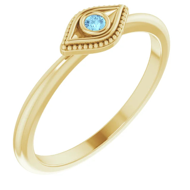14K Yellow Gold Natural Aquamarine Stackable Evil Eye Ring