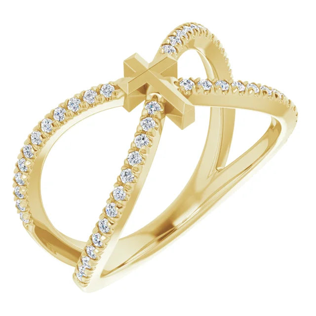 14K Yellow Gold 1/5 CTW Natural Diamond French-Set Cross Ring