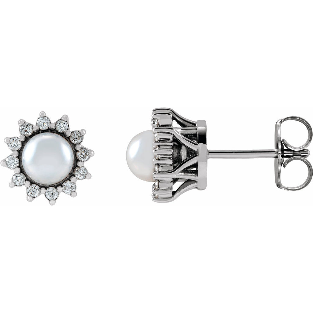 14K White Cultured White Akoya Pearl & 1/6 CTW Natural Diamond Halo-Style Earrings