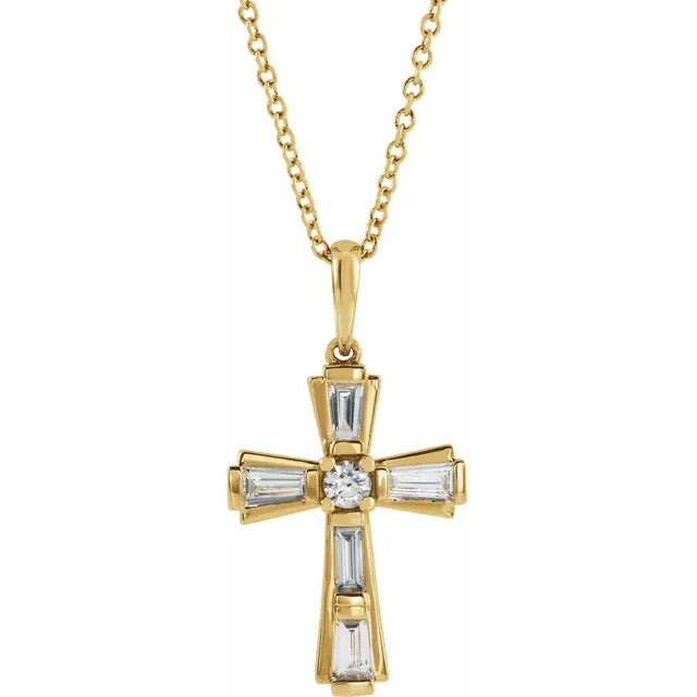 14K Yellow Gold 3/8 CTW Natural Diamond Baguette Cross 16-18" Necklace