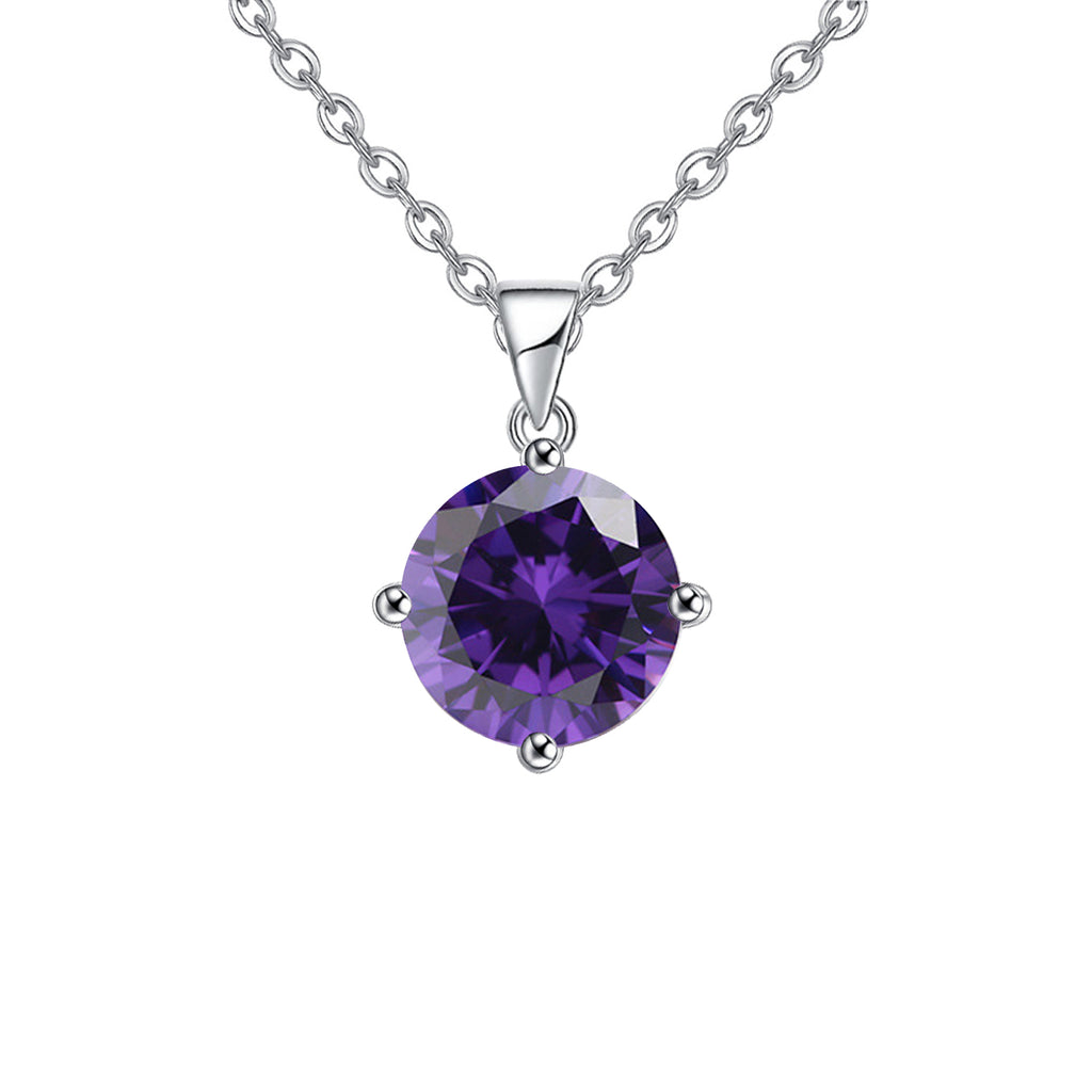 18K White Gold 1 Carat Created Amethyst Round Stud Necklace Plated 18 inch