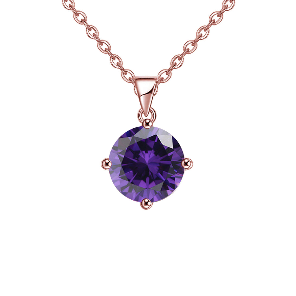 18K Rose Gold 1 Carat Created Amethyst Round Stud Necklace Plated 18 inch