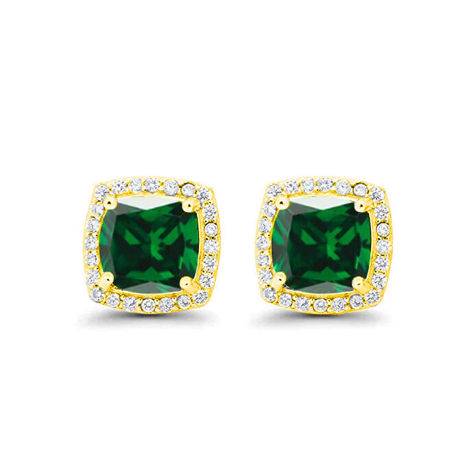 18k Yellow Gold Plated 1/4 Ct Created Halo Princess Cut Emerald Stud Earrings 4mm