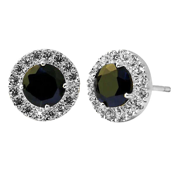 18k White Gold Plated 1/4 Carat Created Halo Round Black Sapphire Stud Earrings 4mm