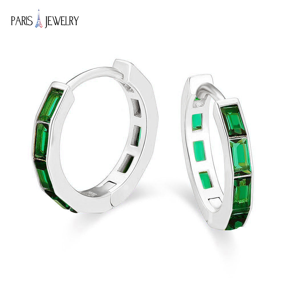 Paris Jewelry 18K White Gold Created Emerald 3Ct Emerald Cut Huggie Hoop Earrings Plated