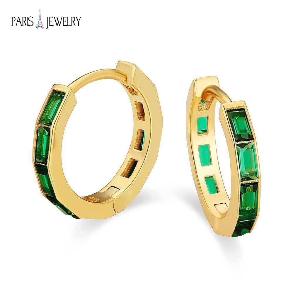 Paris Jewelry 18K Yellow Gold Created Emerald 3Ct Emerald Cut Huggie Hoop Earrings Plated