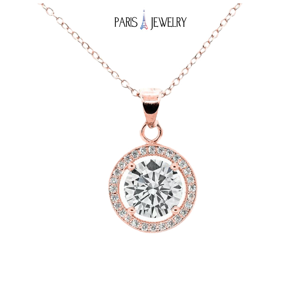 Paris Jewelry 18K Rose Gold White Halo Round Pendant Necklace 1, 2, 3 and 4Ct with Paris Crystals Plated