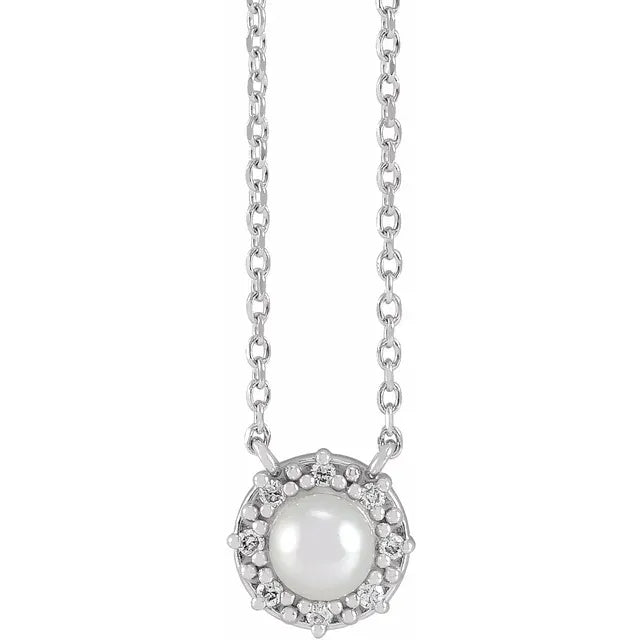 14K White Gold .03 CTW Natural Diamond Semi-Set Halo-Style 18" Necklace for 4-4.5 mm Pearl