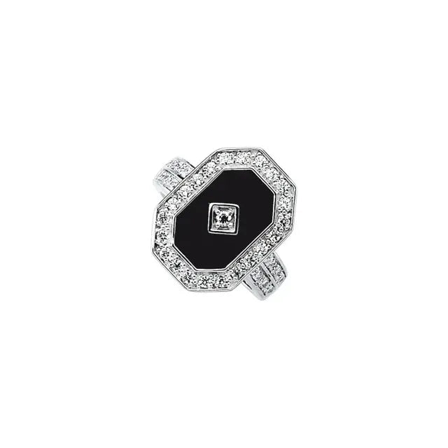 Sterling Silver Onyx & Cubic Zirconia Halo-Style Ring